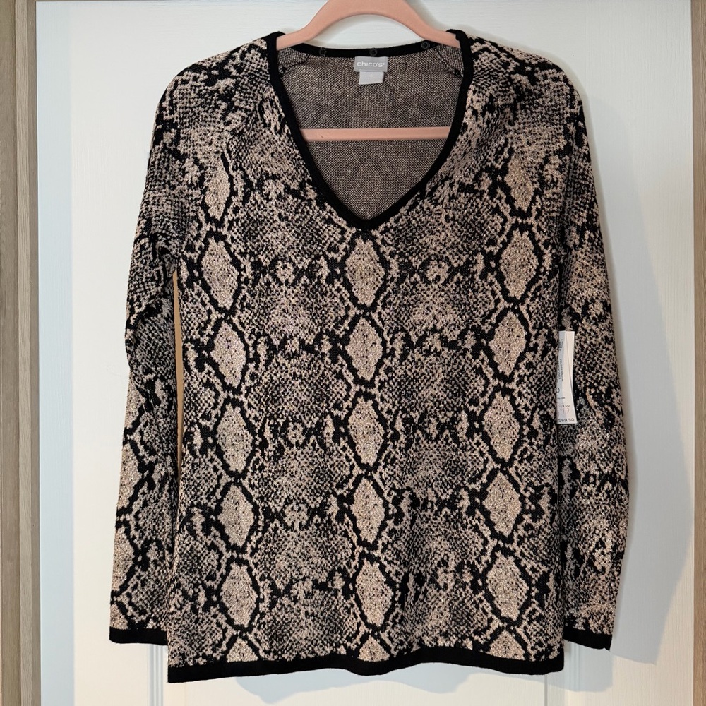 NWT Chico's Black Brown Shimmer Snake-Print V-Neck Sweater Small